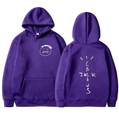 Purple rapper cactus jack hoodie with white embroidered face front and vertical script on back hip hop sweatshirt