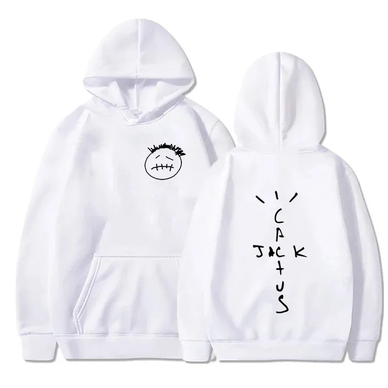White rapper cactus jack music album hoodie with black embroidered face on front and cactus jack lettering on back