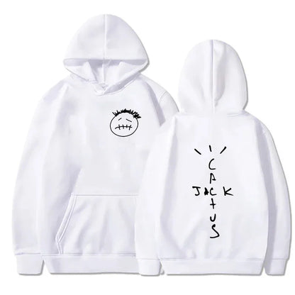 White rapper cactus jack music album hoodie with black embroidered face on front and cactus jack lettering on back
