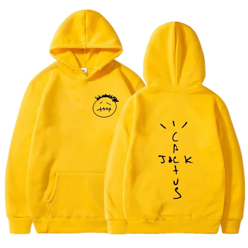 Bright yellow rapper cactus jack hip hop sweatshirt with black stitched face sketch and vertical cack jackus text on back
