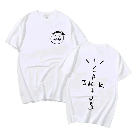 White cotton oversized t-shirt with black stitched face on front and cactus jack music lettering on back for rapper cactus jack fans