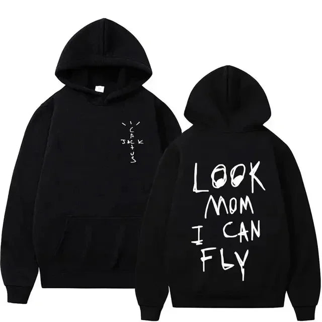 Black hoodie with white look mom i can fly text on back and small cactus logo front rapper cactus fashion pullover for women personalized sportswear