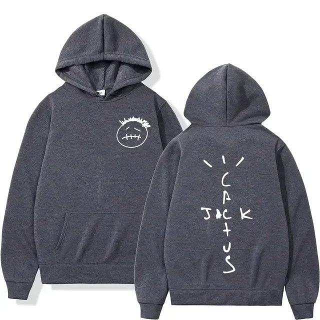 Dark gray hoodie with white embroidered face on front and tracajack lettering on back for women personalized sportswear
