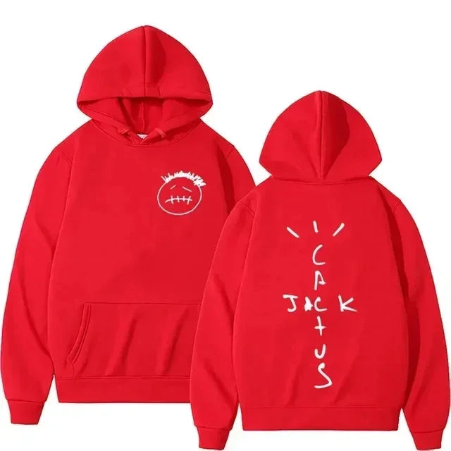 Red hoodie fashion pullover with white embroidered face front and cactus jack lettering spikes back for women personalized sportswear