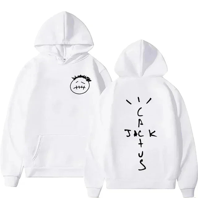 White hoodie album printed sweatshirt with black embroidered face front and rapper cactus tracajack lettering back design