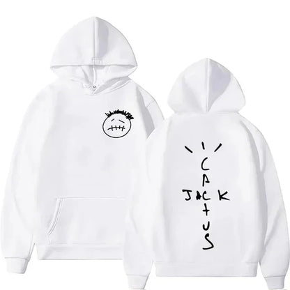 White hoodie album printed sweatshirt with black embroidered face front and rapper cactus tracajack lettering back design