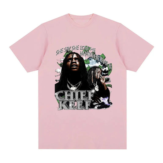 A pink short-sleeved vintage oversized t-shirt featuring chief keef graphic print and glittery text for streetwear