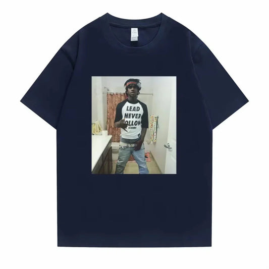 Dark navy blue cotton t-shirt with rapper chief keef lead never follow graphic print for hip hop casual wear