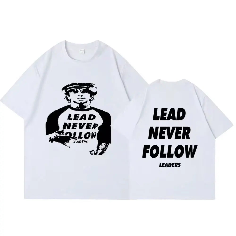 White oversized 100 percent cotton t shirt with rapper chief keef graphic and lead never follow text front and back hip hop vintage casual soft