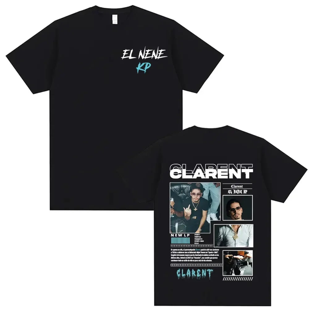 Black short-sleeved t-shirt with rapper clarent album tour graphics and hip hop retro design featuring front and back prints