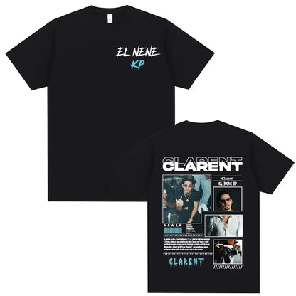 Black short-sleeved t-shirt with rapper clarent album tour graphics and hip hop retro design featuring front and back prints