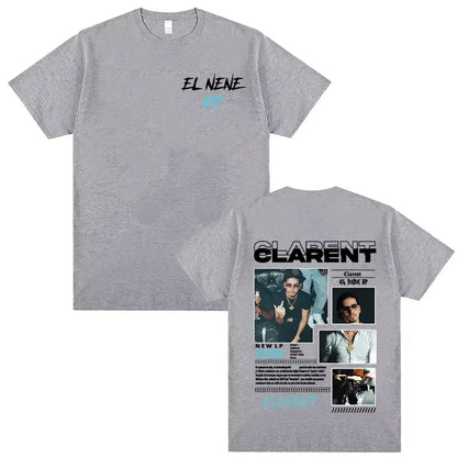 Gray cotton t shirt with el nene script front and detailed back print featuring rapper clarent album tour graphics