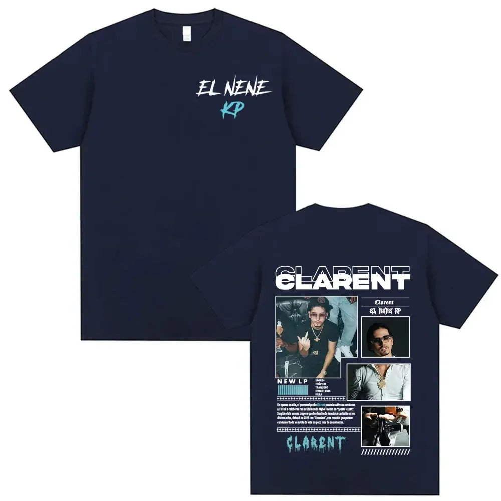 Navy blue short-sleeved t-shirt with white and teal rapper clarent album 2026 tour graphics hip hop retro design front and back view