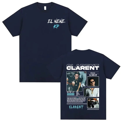 Navy blue short-sleeved t-shirt with white and teal rapper clarent album 2026 tour graphics hip hop retro design front and back view