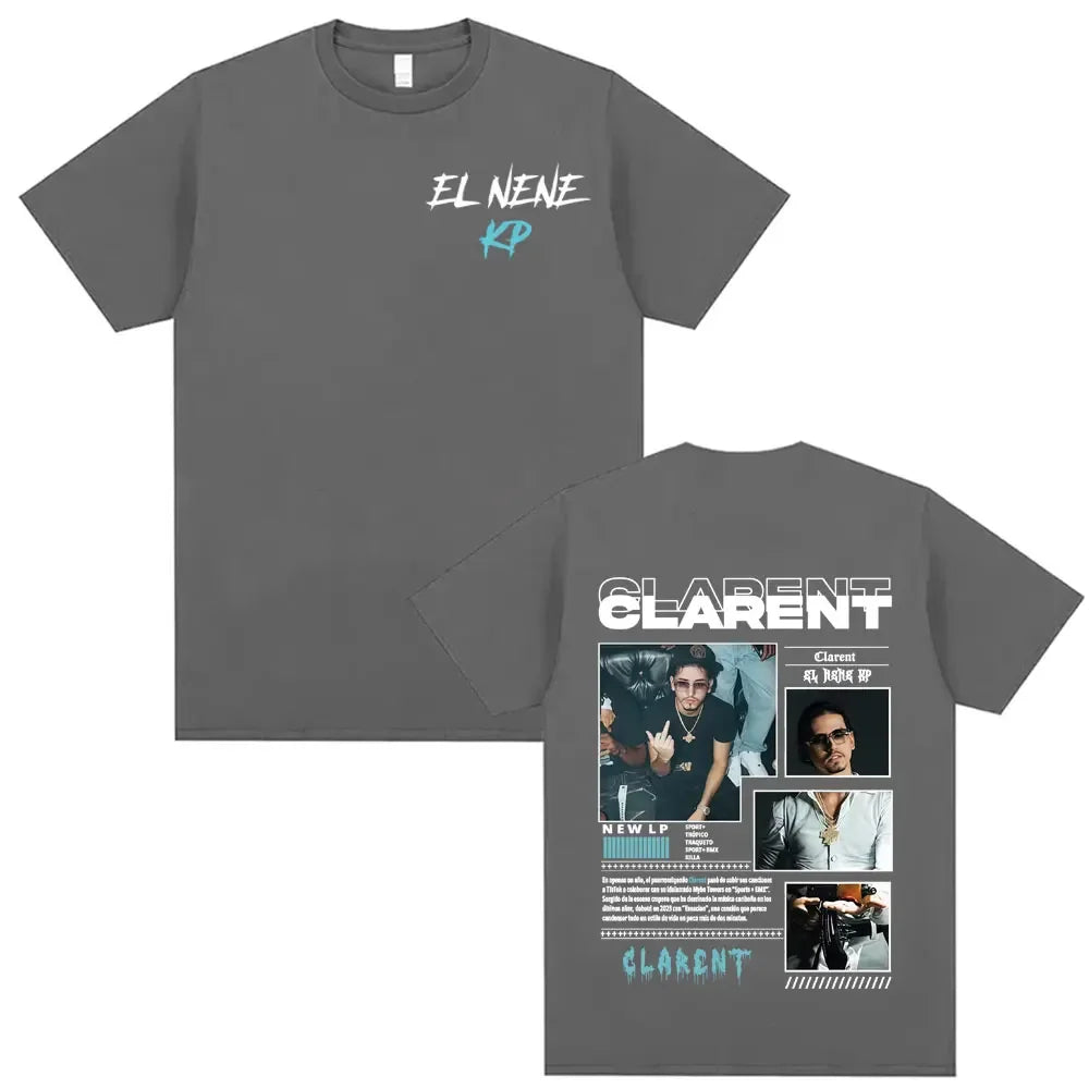 Gray t-shirt with el nene kp text front and detailed clarent tour graphics on back hip hop retro style