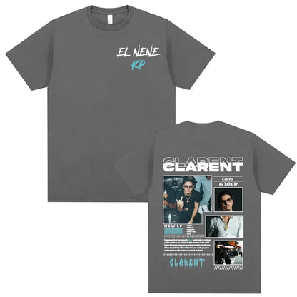 Gray t-shirt with el nene kp text front and detailed clarent tour graphics on back hip hop retro style