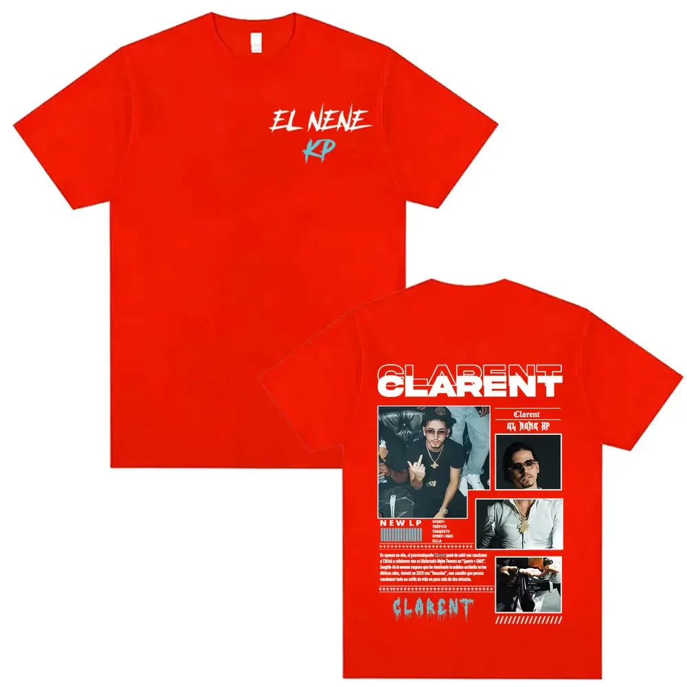 Red cotton t-shirt with el nene kp front script and detailed rapper clarent album tour graphics on back hip hop retro style