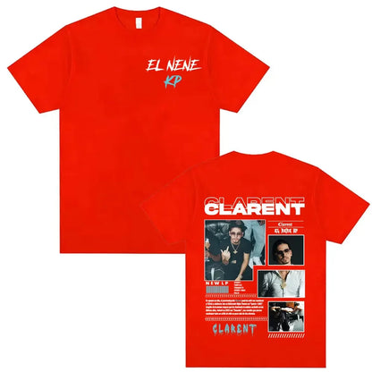 Red cotton t-shirt with el nene kp front script and detailed rapper clarent album tour graphics on back hip hop retro style