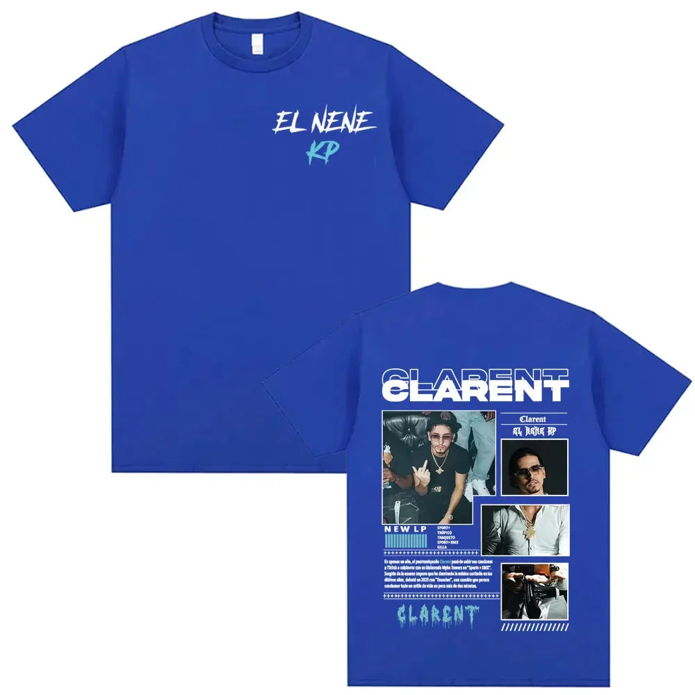 Blue cotton t-shirt featuring el nene kp front text and detailed rapper clarent album tour graphics on back