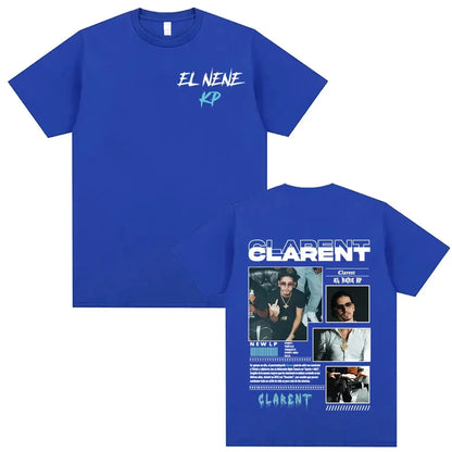 Blue cotton t-shirt featuring el nene kp front text and detailed rapper clarent album tour graphics on back