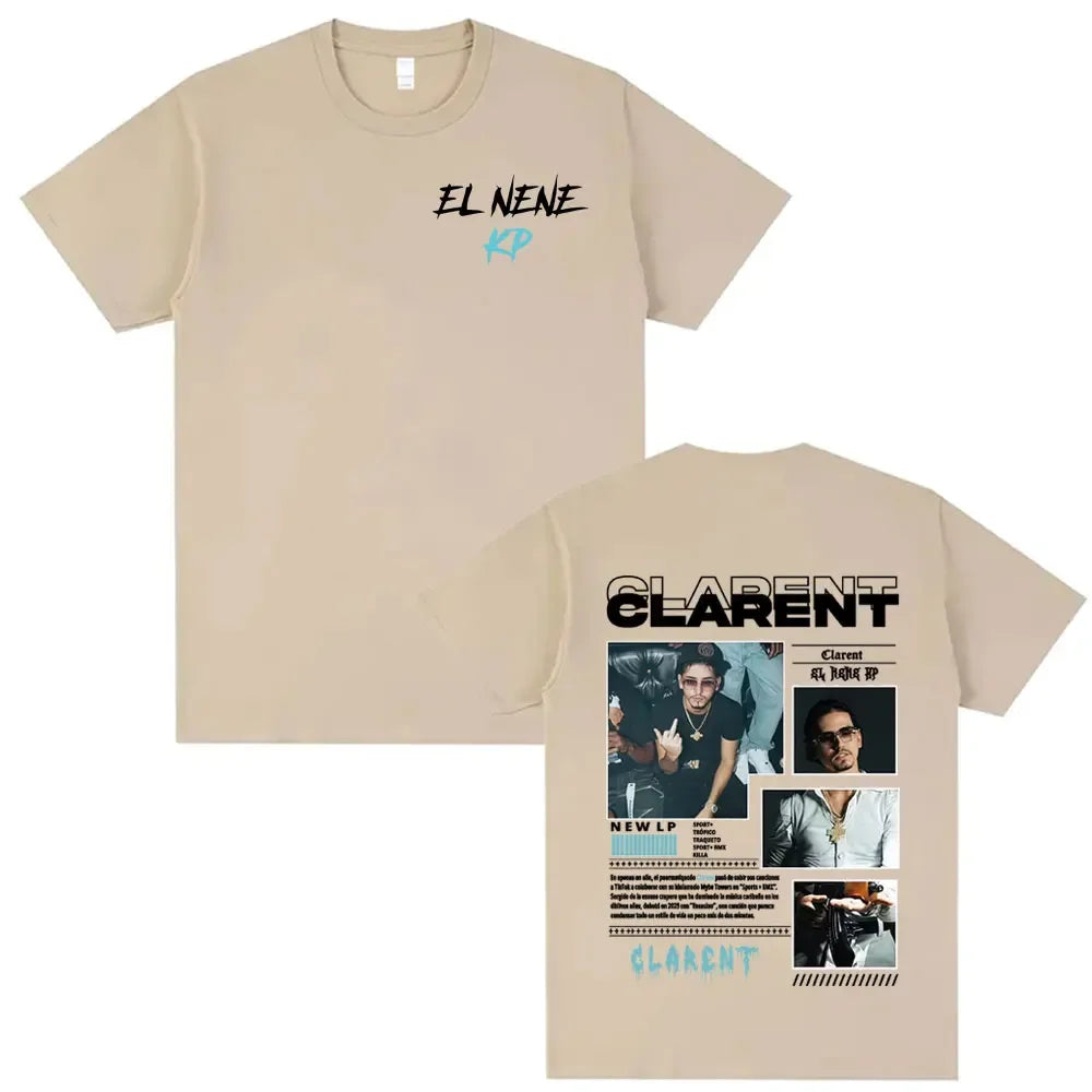Beige short-sleeved t-shirt with el nene script front and rapper clarent album tour graphics hip hop retro back print