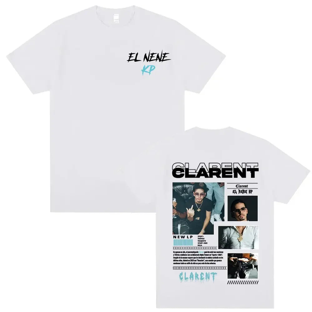 White cotton t-shirt featuring rapper clarent album tour graphics with hip hop retro print of two men in black and teal
