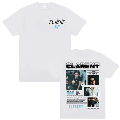 White cotton t-shirt featuring rapper clarent album tour graphics with hip hop retro print of two men in black and teal