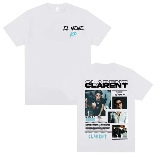 White cotton t-shirt featuring rapper clarent album tour graphics with hip hop retro print of two men in black and teal