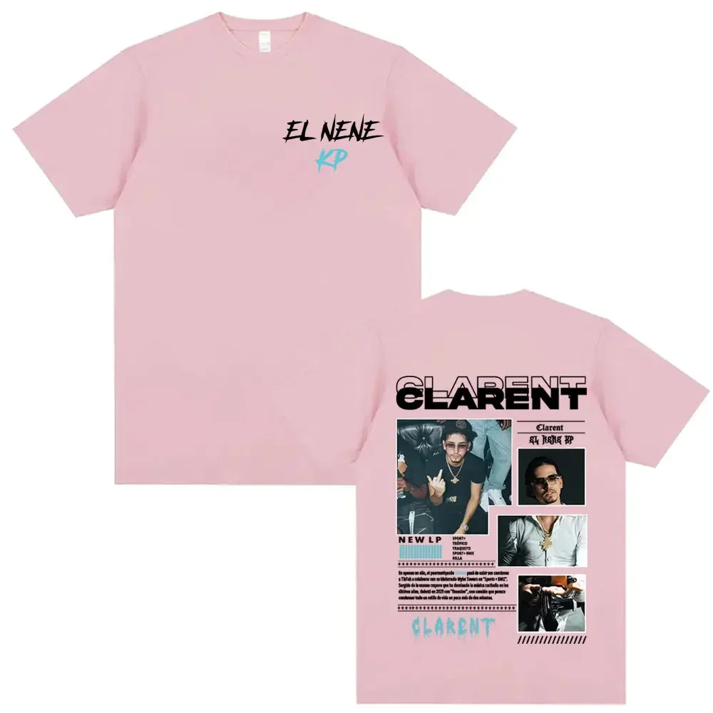 Pink short-sleeved t-shirt with el nene script front and detailed clarent rapper clarent album tour graphics back print
