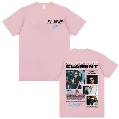 Pink short-sleeved t-shirt with el nene script front and detailed clarent rapper clarent album tour graphics back print