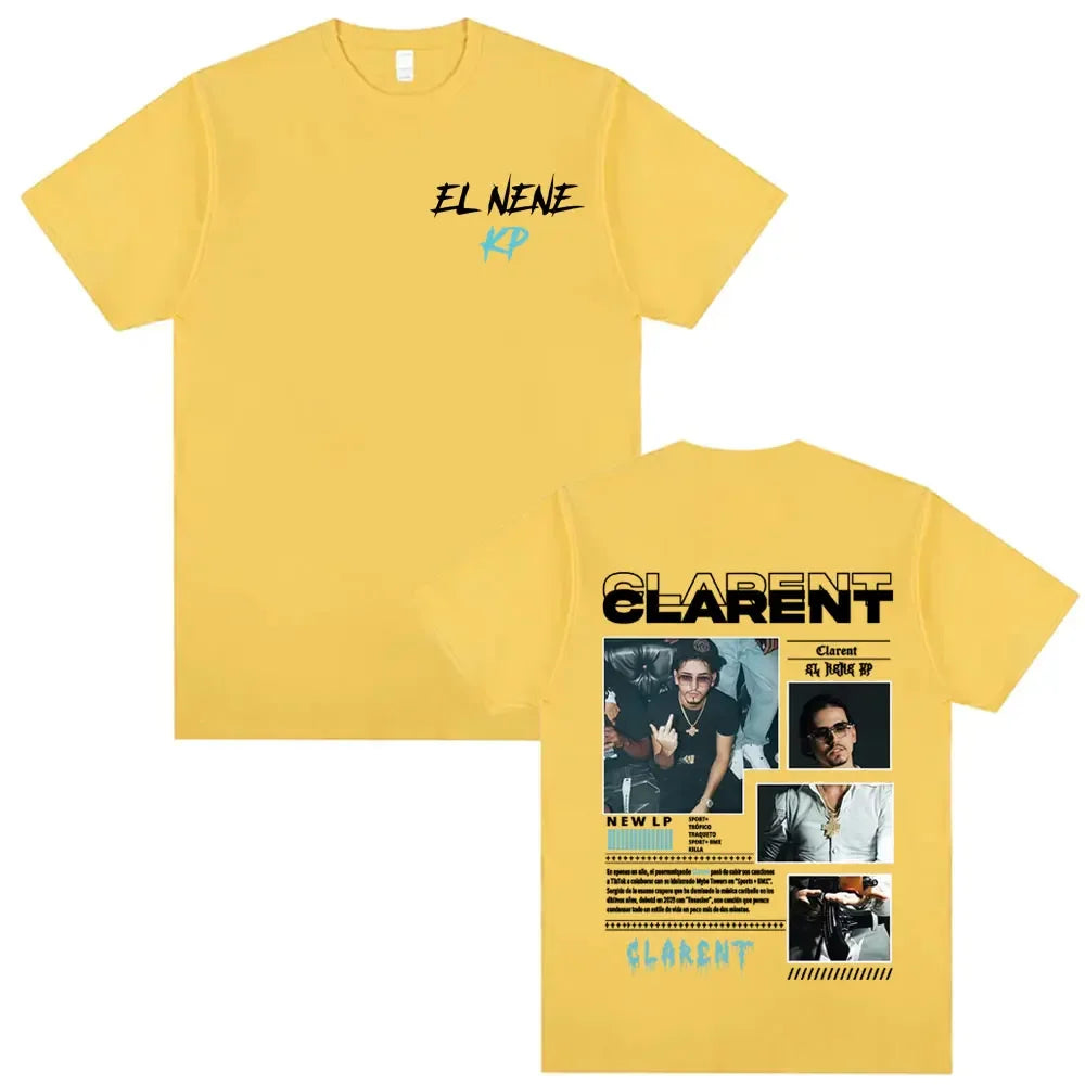 Yellow short-sleeved t-shirt with el nene print front and rapper clarent album tour graphics on back hip hop retro style