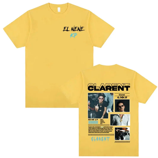 Yellow short-sleeved t-shirt with el nene print front and rapper clarent album tour graphics on back hip hop retro style
