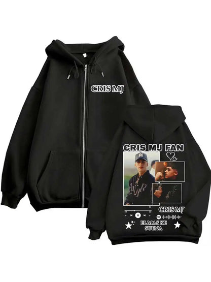 Black zip-up hoodie featuring cris mj graphic print with photos text and music player design for hiphop streetwear