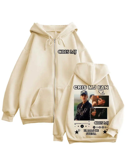 Cream-colored zip-up hoodie with cris mj graphic print and album art on the back for rap fan streetwear