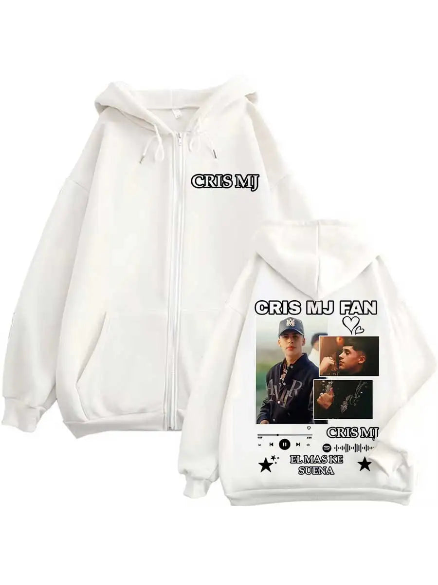 White zip-up hoodie with black cris mj fan album tour graphic print featuring photos and music player design for hiphop streetwear