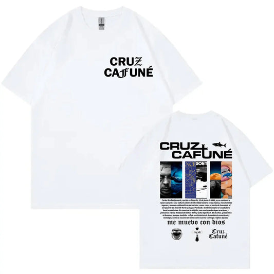 White cotton rapper cruz cafune album merch t-shirt with black graphic print and collage design on the back