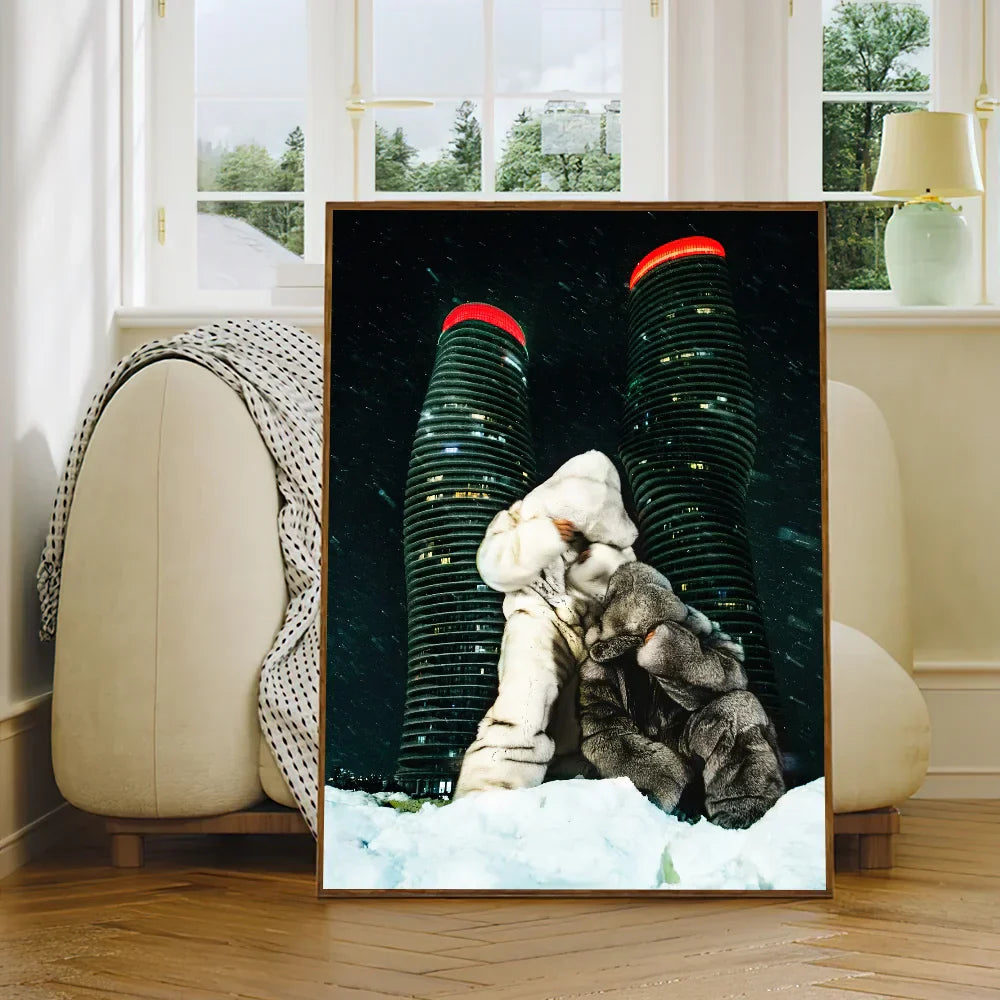 A framed hip hop poster print showing two figures in winter gear embracing with illuminated skyscrapers in the background