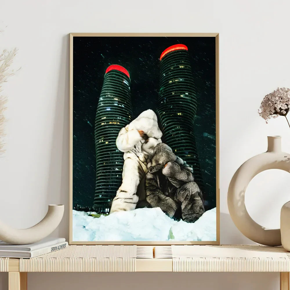 Framed hot album hip hop poster prints featuring two figures in winter coats embracing with red-topped skyscrapers background sticker decoration painting