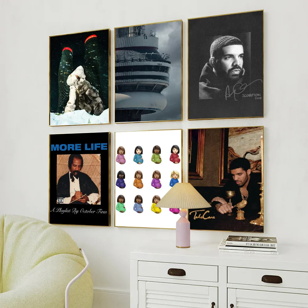 Pastel pink ceramic table lamp with conical shade complementing rapper d-drake hip hop poster prints wall sticker decoration painting