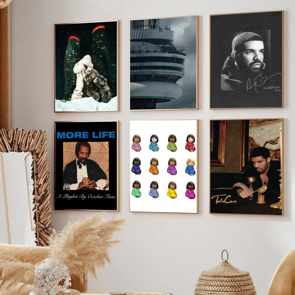 Six framed hot album hip hop poster prints featuring drake signed scorpion 2018 colorful cartoon figures and october farn more life sticker decoration painting
