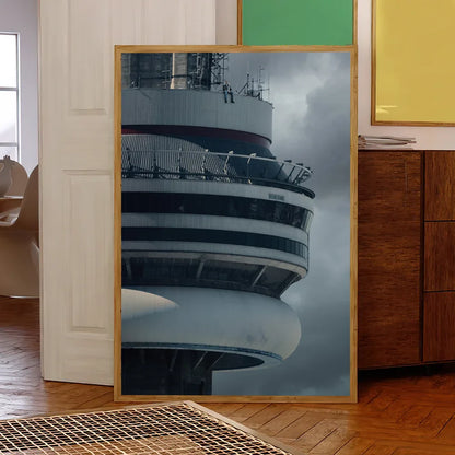 A framed black and white modernist architectural photo with curved levels as a hot album hip hop poster print sticker decoration painting