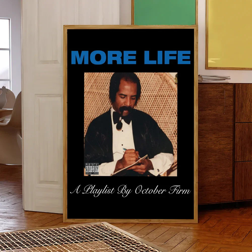 Black framed hip hop poster featuring rapper d drake portrait with blue more life text and white cursive script for wall sticker decoration painting