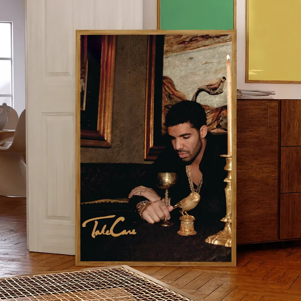 Gold-framed rapper d-drake take care hot album hip hop poster prints with sticker decoration painting for bedroom or office