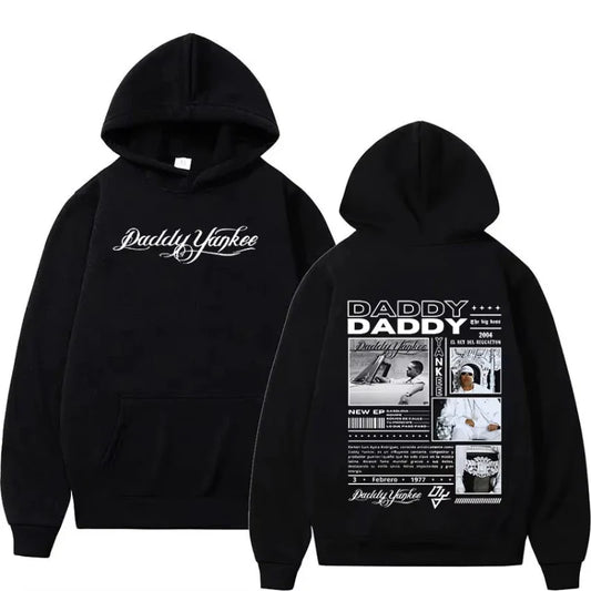 Black rapper daddy yankee hoodie with white graphic print front and back hip hop gothic pullover sweatshirt retro style
