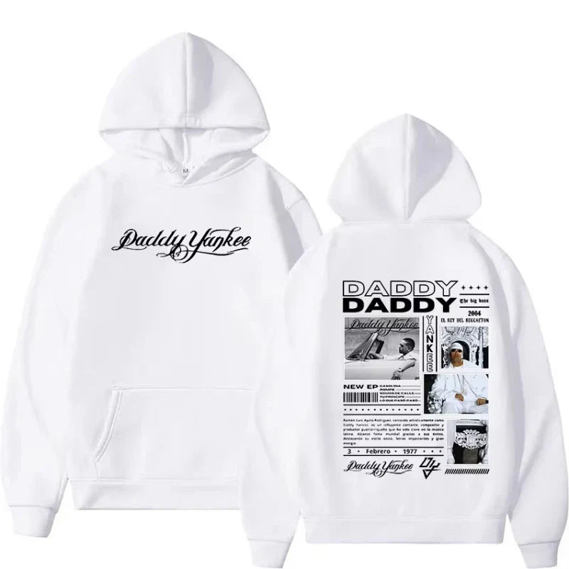 White hoodie with black graphic prints of rapper daddy yankee and his 2004 album hip hop gothic pullover sweatshirt retro