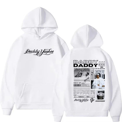 White hoodie with black graphic prints of rapper daddy yankee and his 2004 album hip hop gothic pullover sweatshirt retro