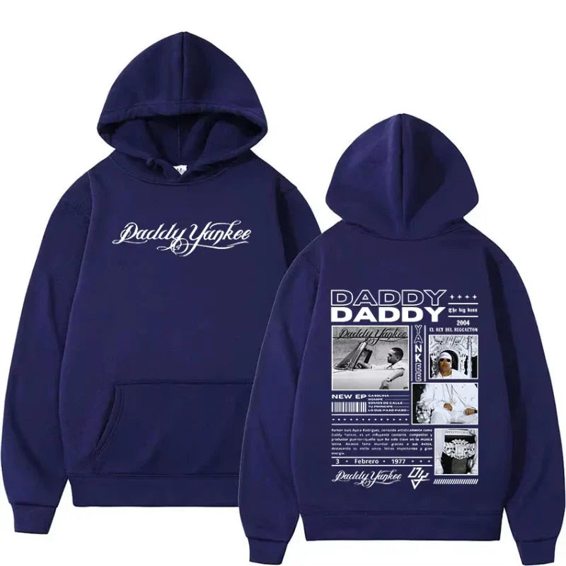 Navy blue rapper Daddy Yankee hip hop gothic pullover sweatshirt retro oversized hoodie with white branding front and graphic back