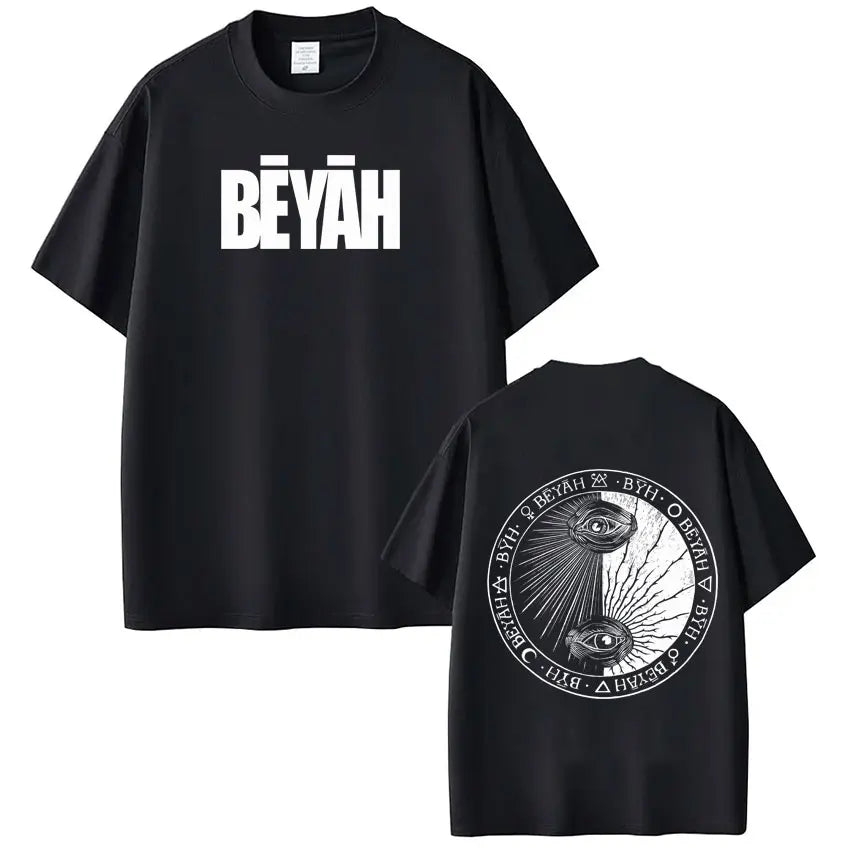 Black cotton short-sleeved t-shirt with bold white beyah print on front and circular yin-yang design on back for damso beyah tour casual gothic punk style