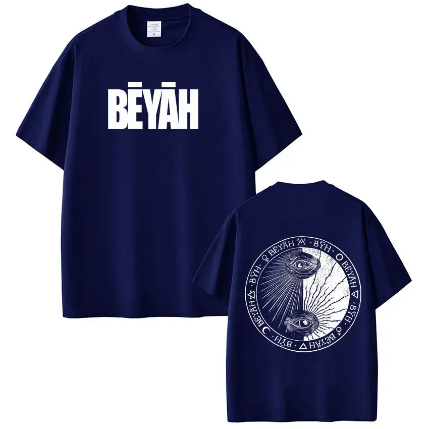 Navy blue cotton short-sleeved t-shirt with white bêyâh text front and circular eye design back for hip-hop fans