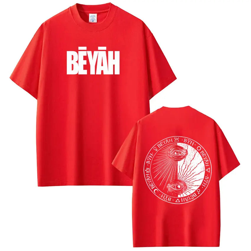 Red béyah cotton t-shirt with bold white lettering front and circular eye design back for rapper damso beyah tour casual gothic punk
